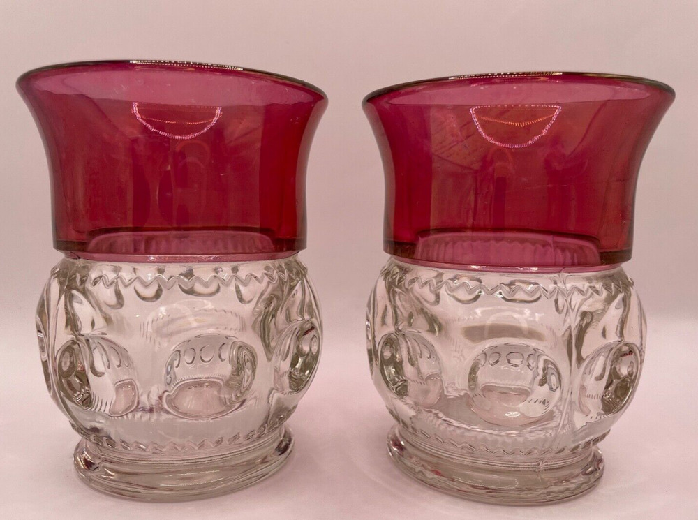 Vintage Tiffin Kings Crown Cranberry Flash Thumbprint Drinking Glass Set of 2
